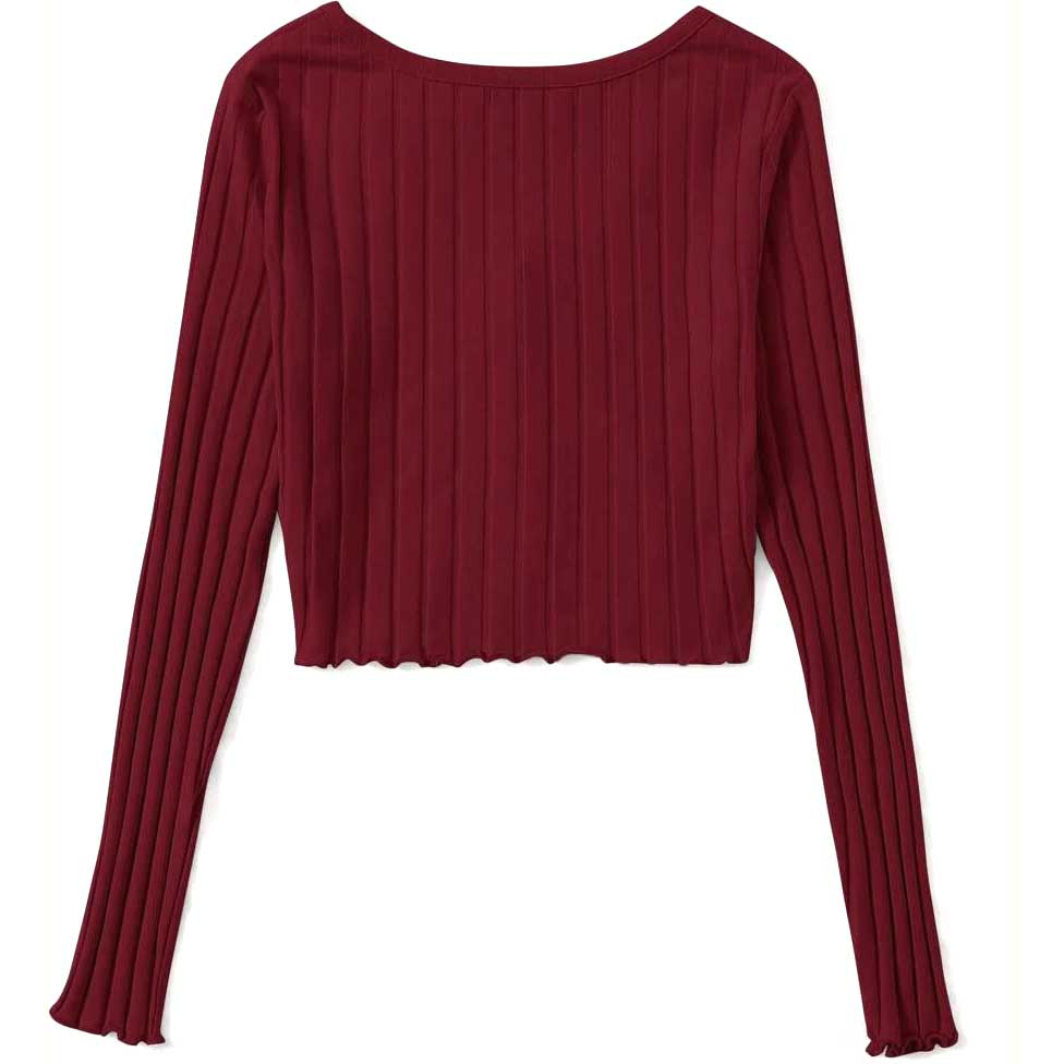 Button Front Rib-Knit Lettuce Trim Tee